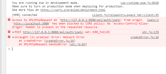 Web developer console showing a "has been blocked by CORS policy" error